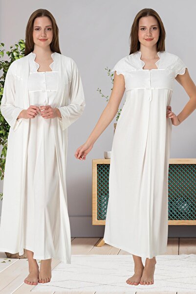 Lohussa طقم ثوب نوم للنساء للصيف بتصميم إكرو وياقة صدفية من الكتان وأكمام قصيرة وتفاصيل من الكتان