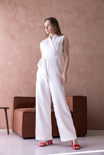 EsSo butik Yeni Sezon Düğme Aksesuarlı Kuşaklı Atlas Kumaş Palazzo Tulum