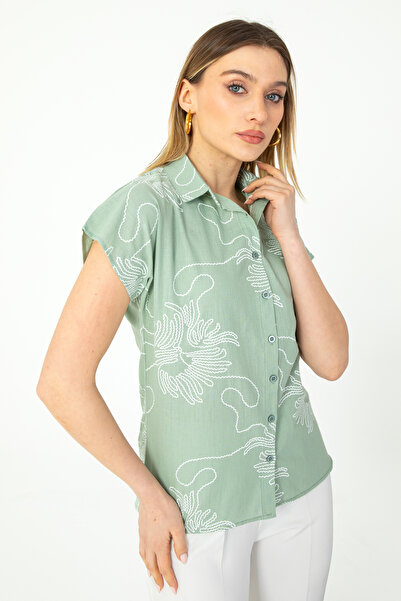 Nuevo Çağla Yeşili Zincir Yarasa Kol Keten Gömlek