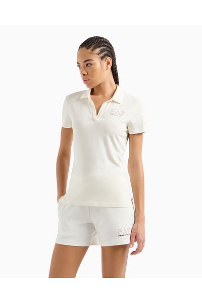 EA7 Women's Ea7 Logo Gold Embroidered Polo Collar Mixed Sleeve White T-Shirt 7W 000266   Af12500-U0005