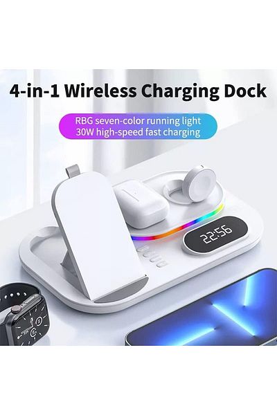 COOYA 4 In 1 Fast Wireless Charger,with Led Clock Nightlight,for Phone Watch,30wcharge,dual Charge Coil