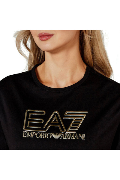 EA7 Γυναικείο 100% βαμβακερό στρογγυλό λαιμό στήθος EA7 ανάγλυφο λογότυπο κοντομάνικο μαύρο μπλουζάκι 7W 000098 AF1