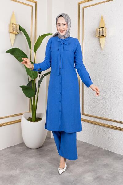 Moda Ebva Flar Detaylı İkili Tesettür Takım-3151 Saks