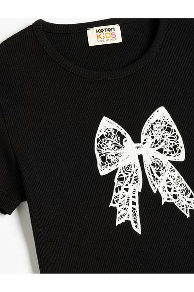 Koton Crew Neck Short Sleeve Cotton T-Shirt with Bow Detail
