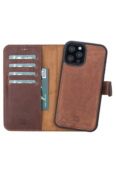PLM Apple iPhone 13 Pro Max Uyumlu Deri Cüzdanlı Kılıf Antik Kahve