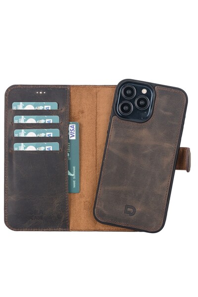 PLM Apple iPhone 13 Pro Max Uyumlu Deri Cüzdanlı Kılıf Acı Kahve