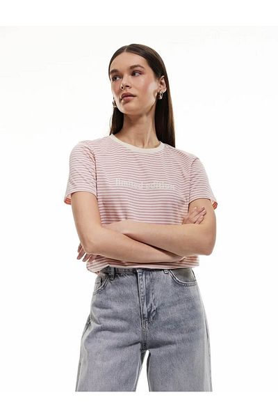 Koton Striped Printed Crew Neck Pink Women's T-Shirt 5Sal10095Ik