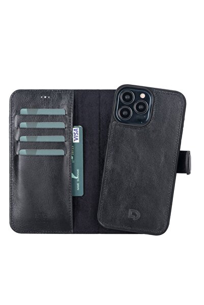PLM Apple iPhone 13 Pro Max Uyumlu Deri Cüzdanlı Kılıf Rustik Siyah