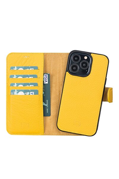 PLM Apple iPhone 13 Pro Uyumlu Deri Cüzdanlı Kılıf Limon Sarı
