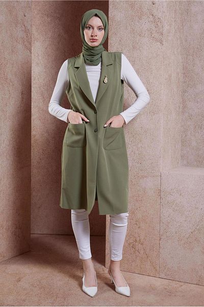 Alvina Brooch Detailed Green Vest - 44658