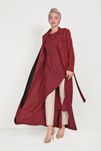 Alvina 10163 Model Belted Buttoned Top Coat