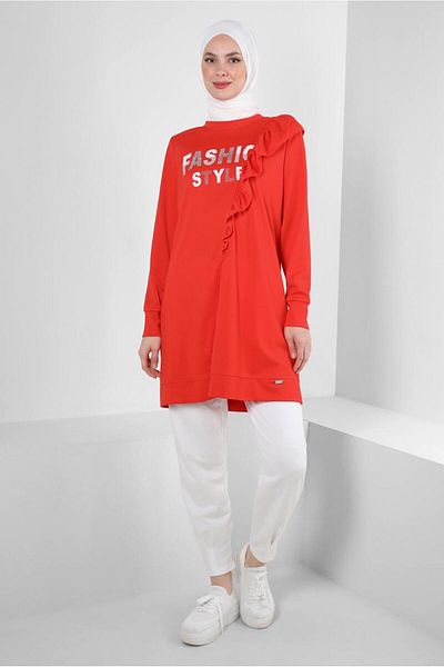 Alvina 43699 Model Text Printed and Ruffle Detailed Tracksuit Tunik