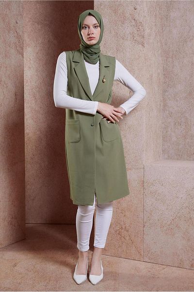 Alvina Brooch Detailed Green Vest - 44658