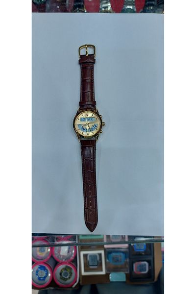 Generic Islamic Prayer Clock Leather Dual Time Gold