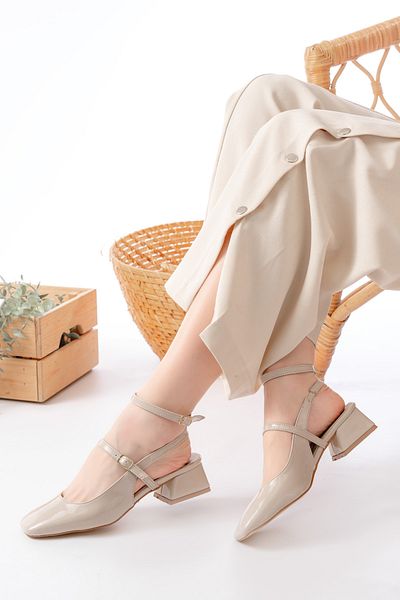 pelivia natural living Women's Cream Square Toe Mary Jane Short Heeled Casual Casual Summer Babet Classic Heeled Shoes