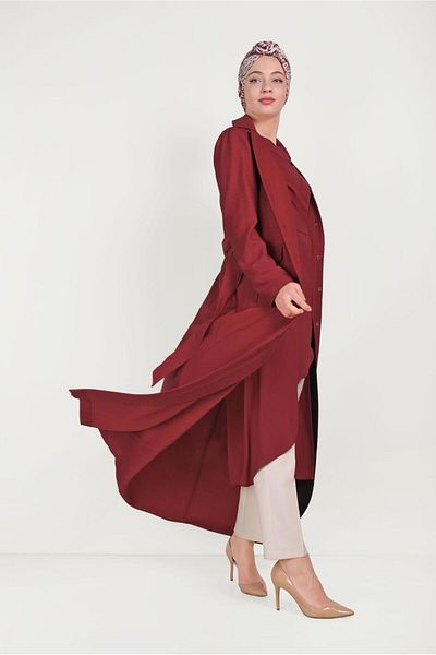 Alvina 10163 Model Belted Buttoned Top Coat