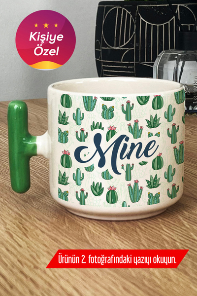 Hedizu Kişiye Özel Kaktüs Desenli Kupa Bardak T Kulplu Yeşil isim yazılı U1Y Q4P