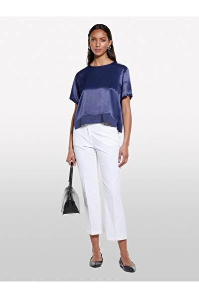 Sisley Women's Navy Blue 100% Viscose Skirt Ribbed Slit Wide Collar Satin Blouse