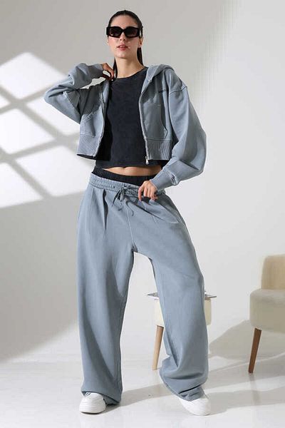 MOSRANİC Women's Soft Light Gray Zippered Hooded Tracksuit Set Hl 0121