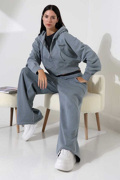 MOSRANİC Women's Soft Light Gray Zippered Hooded Sweatshirt Msc 310Üst