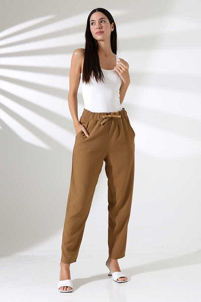 MOSRANİC Women's Brown Striped Checkered Elastic Waist Carrot Leg Classic Trousers Xn 8019