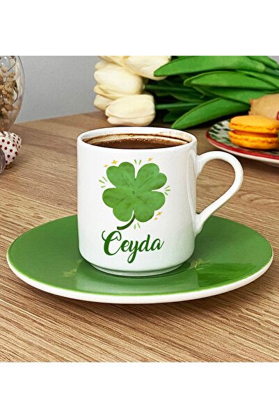 Hedizu Kişiye Özel Şans Yonca İsme Özel Türk Kahvesi Fincanı Yeşil İsimli İsi...