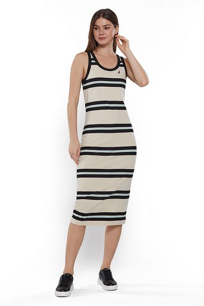 Nautica Women's Beige Cotton Ribbed Midi Dress — Modern Design for Versatile Effortless Everyday Style