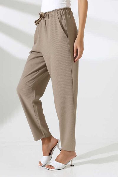 MOSRANİC Women's Light Brown Elastic Waist Carrot Leg Classic Trousers Xn 8011