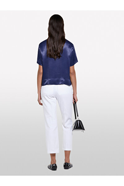 Sisley Women's Navy Blue 100% Viscose Skirt Ribbed Slit Wide Collar Satin Blouse