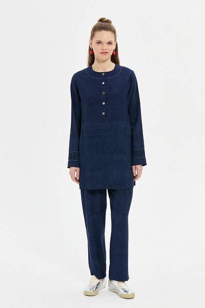 Esswaap Denim Printed Trousers Suit Navy