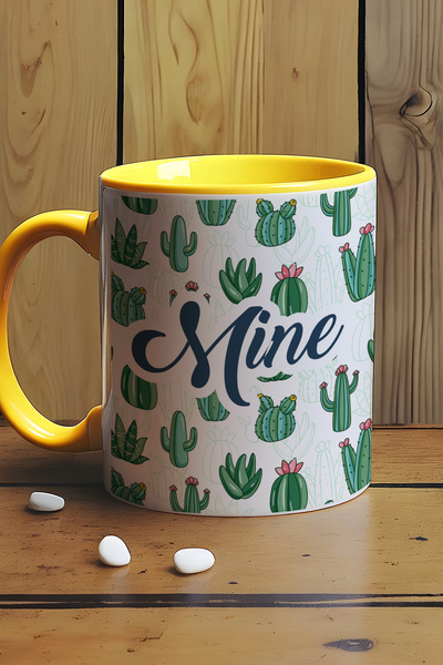 Hedizu Kişiye Özel Kaktüs Desenli Kupa Bardak Sarı isim yazılı İ7X Y2V