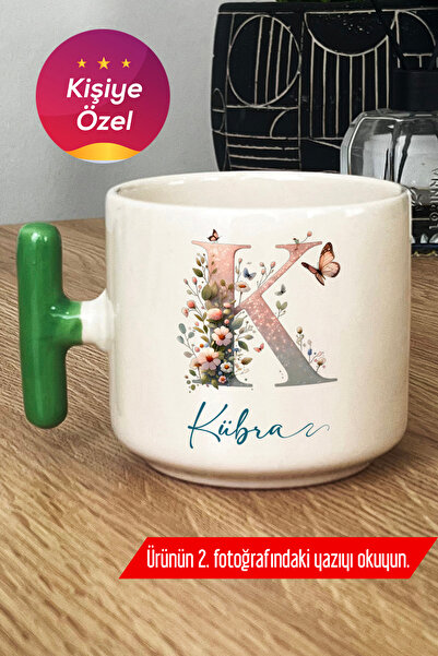 Hedizu Kişiye Özel Çiçekli Kelebekli K Harfli Kupa Bardak T Kulplu Yeşil İsimli İsim Yazılı M7E K9J