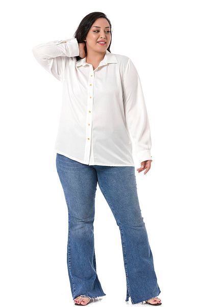 DISENTIS MODEST Plus Size Satin Textured White Shirt with Cuffs