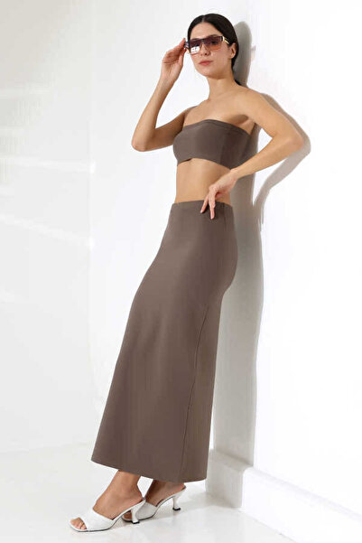MOSRANİC Women's Brown Crop Skirt Suit Mcs 222