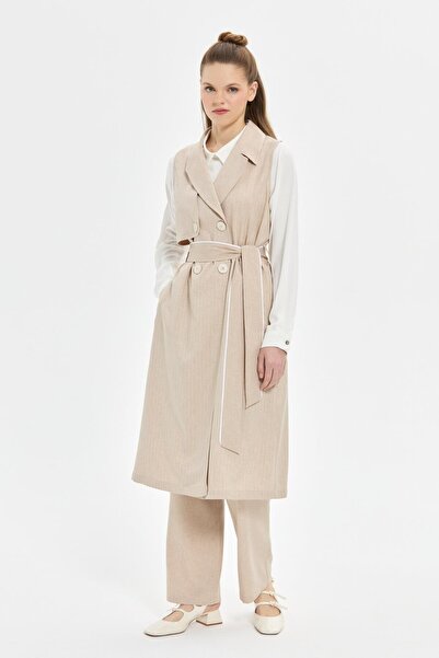 Esswaap Çizgili ve Düz Polyviskon Kumaş Uzun Yelekli Pantolonlu Takım  Vizon