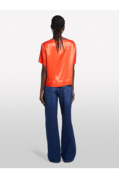 Sisley Women's Pomegranate Flower 100% Viscose Skirt Ribbed Slit Wide Collar Satin Blouse