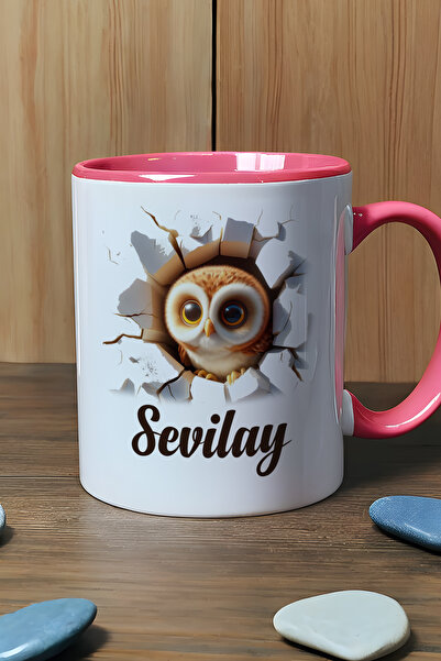 Hedizu Kişiye Özel 3D Efektli Baykuş Kupa Bardak Pembe İsimli İsim Yazılı E9S...