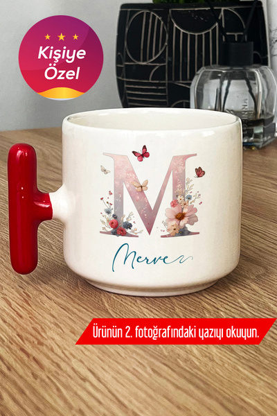 Hedizu Kişiye Özel Çiçekli Kelebekli M Harfli Kupa Bardak T Kulplu Kırmızı İs...