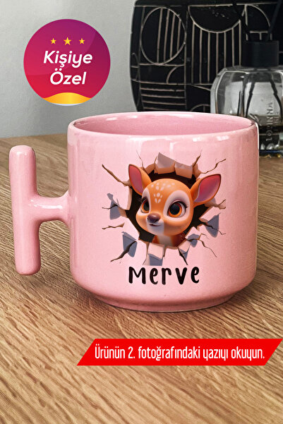 Hedizu Kişiye Özel 3D Efektli Yavru Ceylan Pastel T Kulplu Kupa Bardak Pembe ...