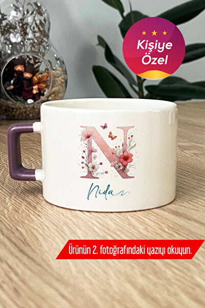 Hedizu Kişiye Özel Çiçekli Kelebekli N Harfli Lüks Fincan Mor İsimli İsim Yaz...