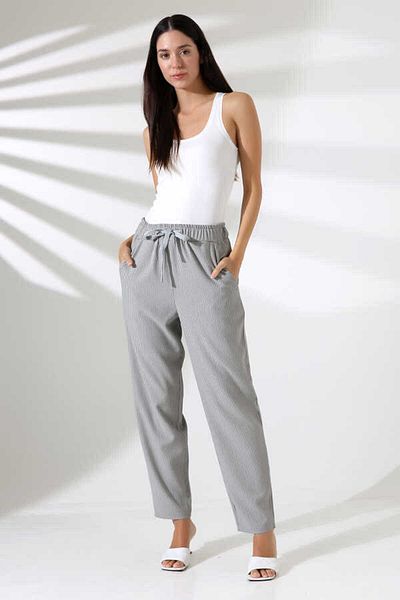MOSRANİC Women's Gray Striped Elastic Waist Carrot Leg Classic Trousers Xn 8016