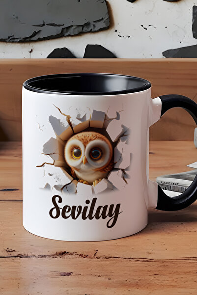 Hedizu Kişiye Özel 3D Efektli Baykuş Kupa Bardak Siyah İsimli İsim Yazılı V3B M0E