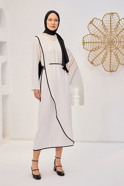 LOCCO White Women's Scuba Dress - Self-Tied Style with Piping