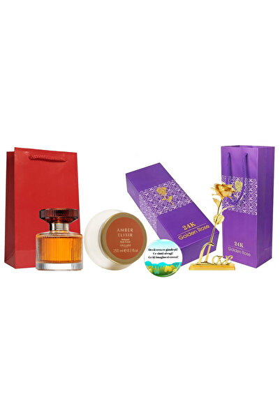 Oriflame Set cadou pentru Ea, parfum de femei Amber Elixir, crema corp, trandafir auriu si insigna Dactylion
