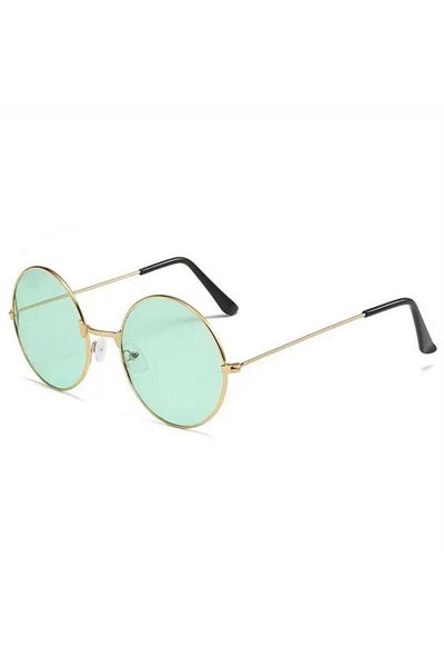 Köstebek Classic Round Sunglasses with Gold Thin Frame and Green Lenses