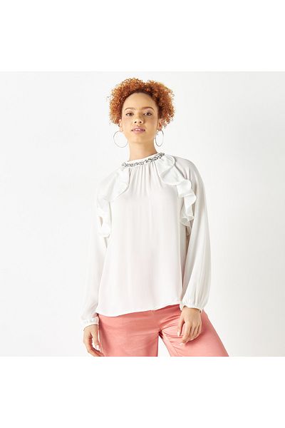 FAV Embellished Neck Top with Ruffle Detail and Long Sleeves