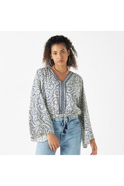 FAV All-Over Print Top with V-neck and Waist Tie-Up Detail