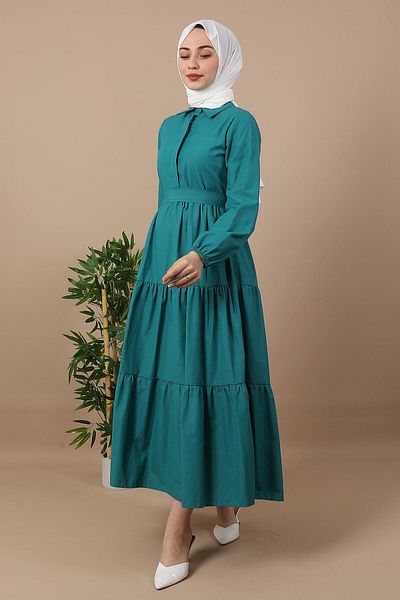 GİYZAMİLA Standard Collar Buttoned Dress Petrol Green