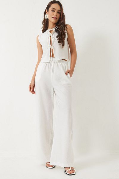 Bianco Lucci Women's Lacing Detailed Vest with High Waist Pants Summer Bottom-Top Suit 9310 60281013