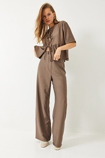 Bianco Lucci Women's Lacing Detailed Short Sleeve Blouse Pants Bottom-Top Suit 9265 60281014